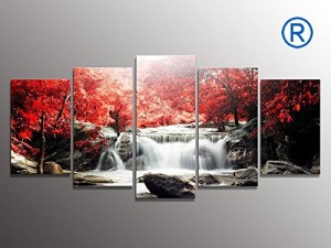 youkuart kx9906 5-Piece Red Woods Waterfall Canvas Print Paintings for Wall and Home Décor