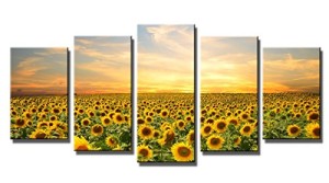 Wieco Art - Sunflowers Modern 5 Panels Stretched and Framed Giclee Canvas Prints Artwork Landscape Pictures Paintings on Canvas Wall Art Ready to Hang for Living Room Bedroom Home Office Decorations