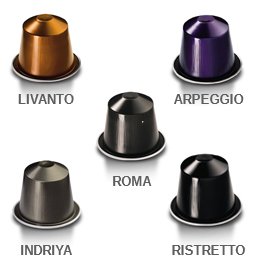 50 Nespresso Capsules: 10 Indriya, 10 Ristretto, 10 Roma, 10 Arpeggio, 10 Livanto