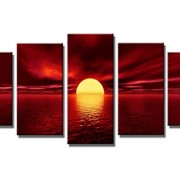 Wieco Art Modern Giclee Canvas Prints Sea Beach Artwork Red Sun Photo Canvas Wall Art for Décor