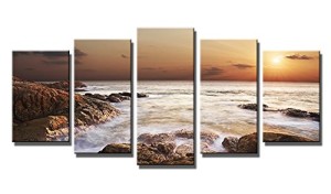 Wieco Art - The Rocky Sea Modern 5 Panels Seascape Canvas Prints Artwork Sea Beach Pictures Paintings on Canvas Wall Art for Home and Office Decorations P5RLA009_f1